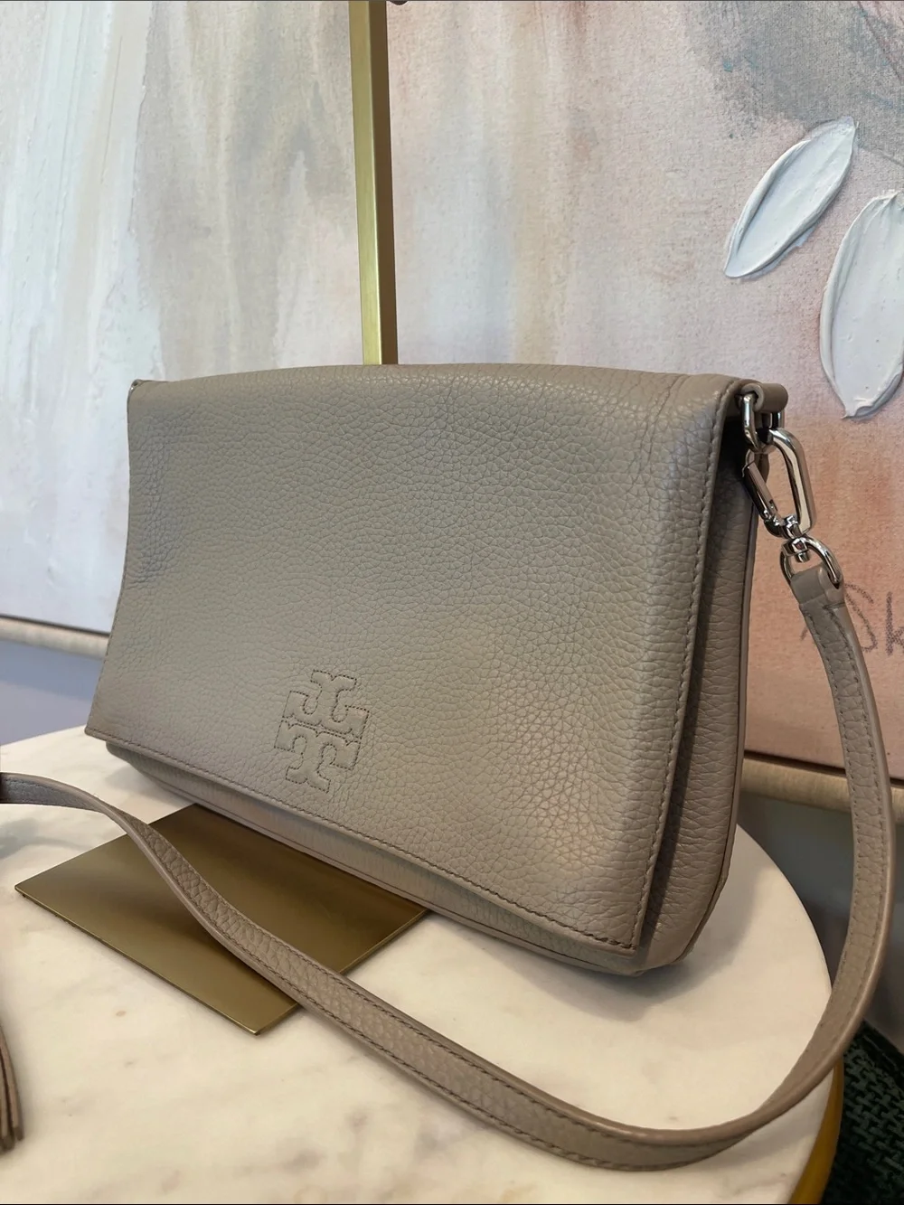 Tory Burch Foldover Pebbled Leather Crossbody in Turtle Dove (Gray)